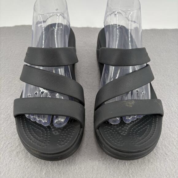 Crocs Shoe Womens 10 Black Monterey Strappy Wedge Casual Comfort Slip On Sandal - Picture 3 of 10